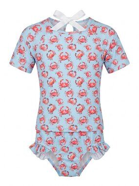 Girls Size 12 Ruffle Rash Guard Swimsuit 2 Pc Crab Print Tankini Blue Coquette